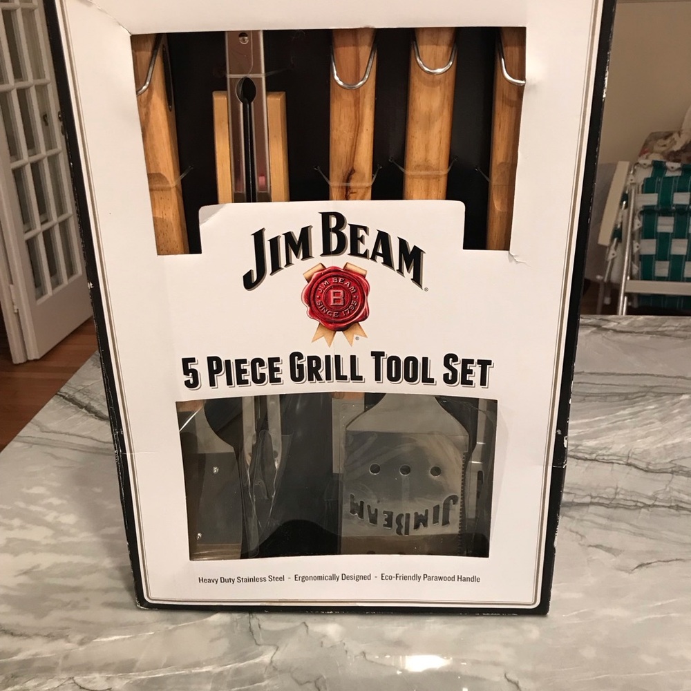 JIM  BEAN 5 Piece Stainless Steel Barbecue BBQ Tool Set Open Box